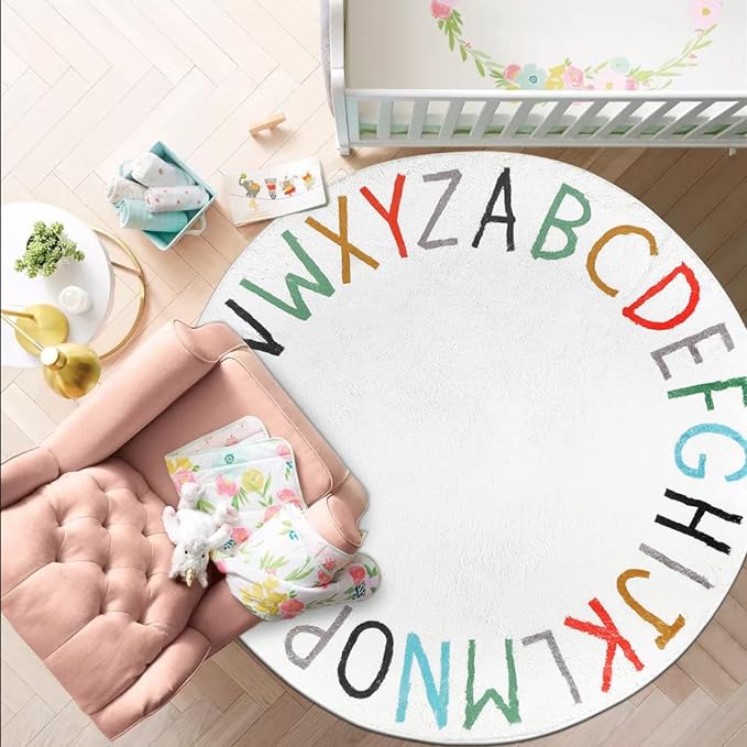 Topotdor Rainbow Round Kids Play Rug Alphabet Nursery Area Rug Extra Large Soft Crawling Play Mat for Children Toddlers Bedroom (47 inch, Multi Color) - LeafyLoom
