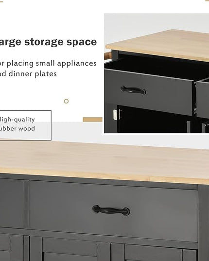 Solid Wood Top, Mobile Carts with Storage Cabinet, Rolling Kitchen Table w/Spice, Towel Rack, and Drawer, Portable Islands on Wheels, Black, 54.33 Inch - LeafyLoom