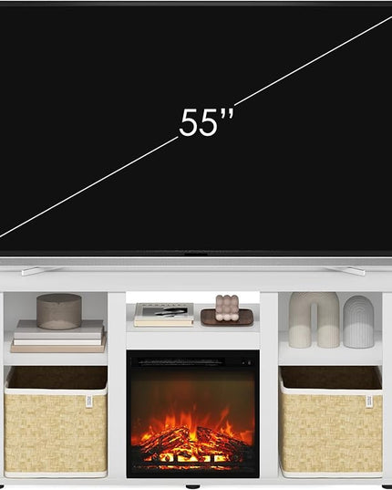 Furinno Jensen Fireplace TV Entertainment Center with Open Storage Compartment for TV up to 55 Inch, Solid White - LeafyLoom