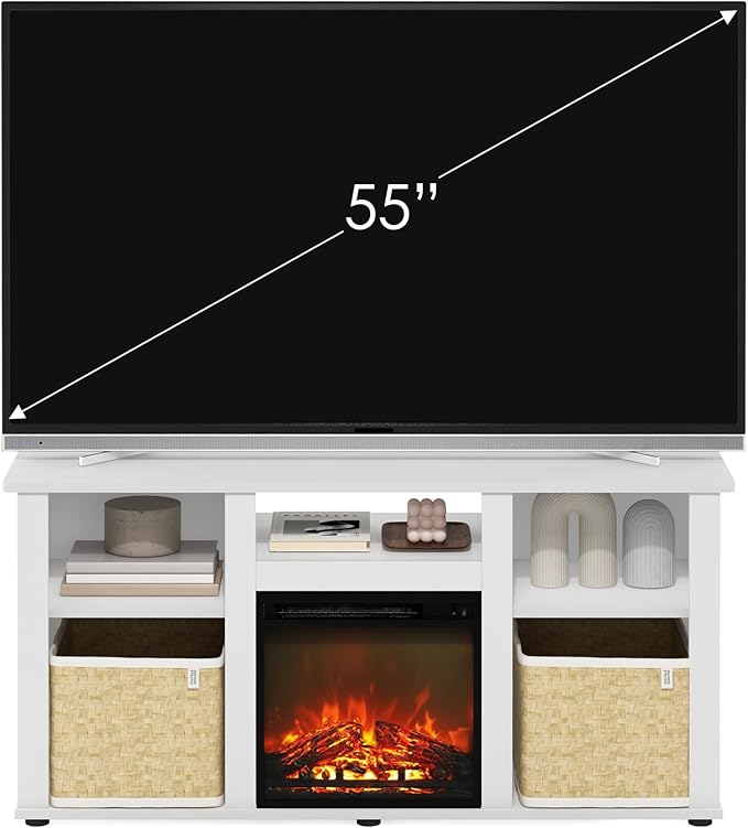 Furinno Jensen Fireplace TV Entertainment Center with Open Storage Compartment for TV up to 55 Inch, Solid White - LeafyLoom