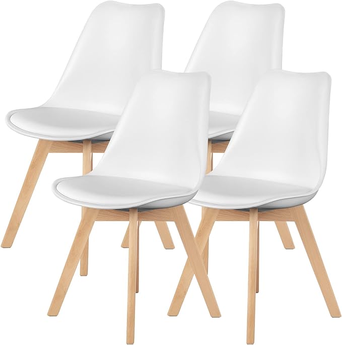 Sweetrcrispy Dining Chairs, Dining Chairs Set of 4, Dining Room Chairs, Kitchen Chairs, Mid Century Modern Chairs, PU Leather Upholstered Chairs with Wood Legs, Kitchen & Dining Room Chairs, White - LeafyLoom