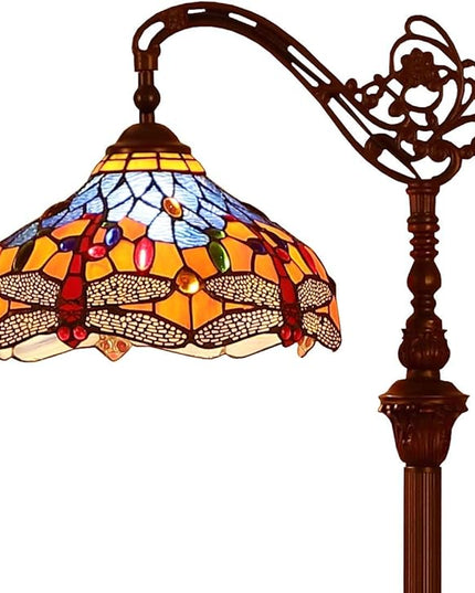 Bieye L10702 Dragonfly Tiffany Style Stained Glass Floor Reading Lamp with 12 Inch Wide Lampshade Metal Base, Adjustable Light Direction, 62 inch Tall, Blue Orange - LeafyLoom