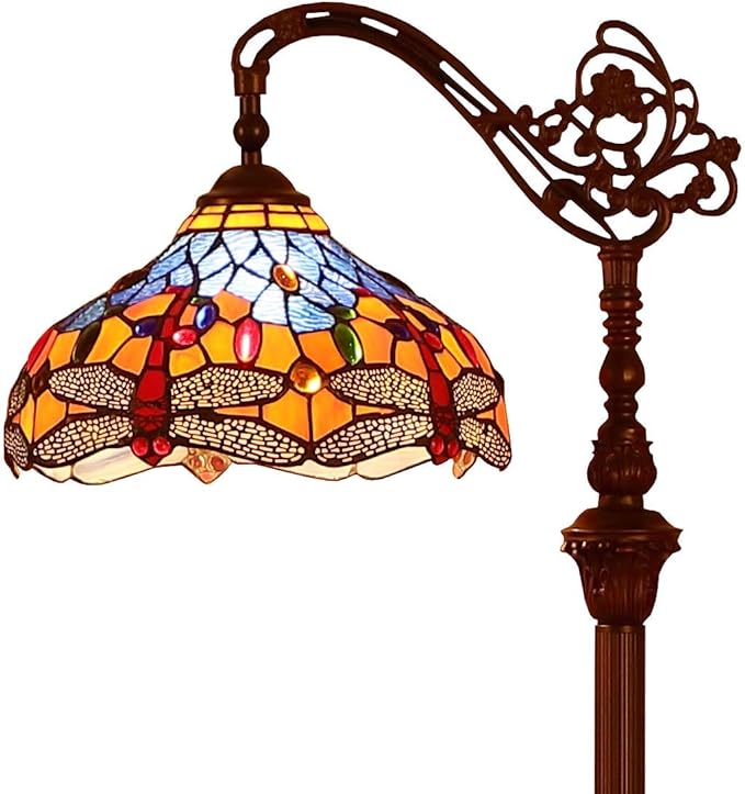 Bieye L10702 Dragonfly Tiffany Style Stained Glass Floor Reading Lamp with 12 Inch Wide Lampshade Metal Base, Adjustable Light Direction, 62 inch Tall, Blue Orange - LeafyLoom