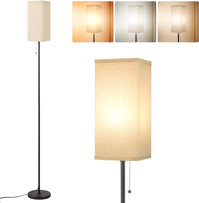 Beige Floor Lamps for Living Room - 3 Color Temperature Black Standing Lamps with Pull Chain Switch, Modern Tall Lamp for Office Home Nursery and Hotel, Pole Lamp for Reading - LeafyLoom