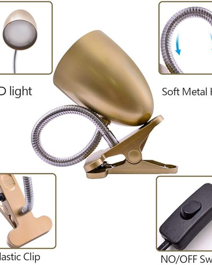 Energetic Clip on Lamp for Bed, Non-Dimmable Reading Light for Bed and Desk, 4000K Cool White, 3.5W 240 LM Flexible Gooseneck lamp, Eye Protection, ETL Listed, Gold - LeafyLoom