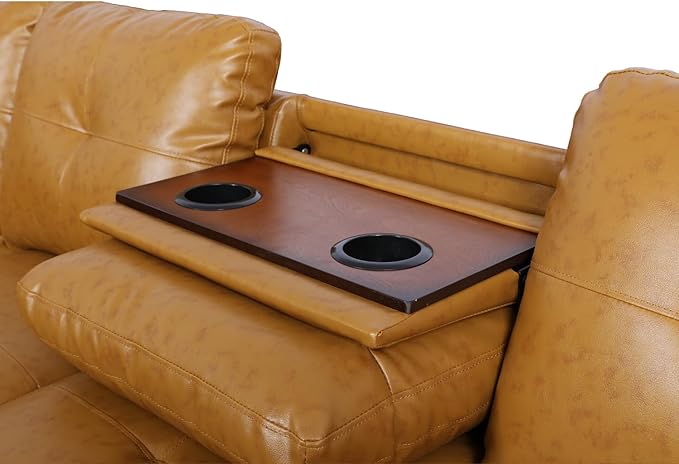 ROOMTEC L Shaped Sectional Sofa with Storage Ottoman, Left Facing Chaise Longue, Reversible Backrest w/ 2 Cup Holders, Semi PU Synthetic Leather Tufted Cushions, for Living Room, Ginger - LeafyLoom