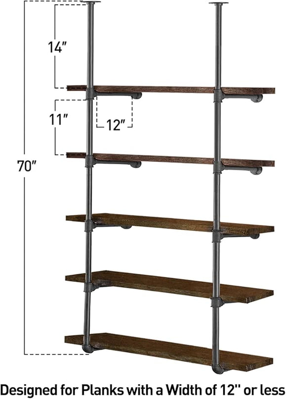 HITOMEN Industrial Iron Pipe Shelves, 2 Set 5-Tier, 70" Tall, 12" Depth, DIY Open Bookshelf Bookcase, Wall Mounted Vintage Retro Shelving, Rustic Farmhouse Pantry Kitchen Storage, Black Shelf Brackets - LeafyLoom