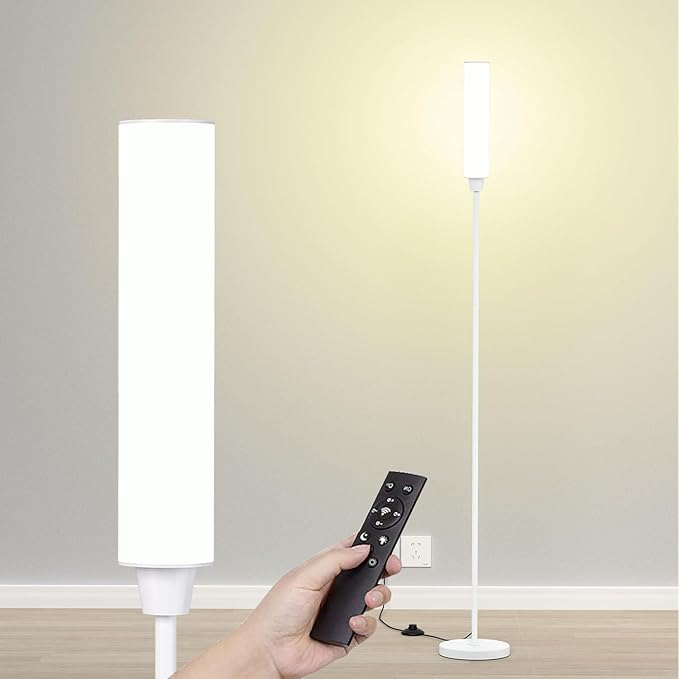 Floor Lamp with Remote Control,Bright Floor Lamps for Living Room/Bedroom/Office, Stepless Adjustable 3000K-6000K Colors and 10-100% Brightness,Standing Light with Foot Switch (White) - LeafyLoom