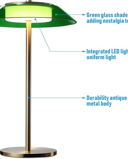 TORCHSTAR Green Glass LED Desk Lamp, 3-Step Dimmable Desk Lamps with Antique Brass Body, 330LM 100-240V Vintage Desk Lamps for Home Office Dining Room, ETL&UL Listed, 3000K Warm White - LeafyLoom