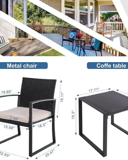 Shintenchi 3 Pieces Outdoor Patio Furniture Set Modern Black Wicker Bistro Set Rattan Chair Conversation with Coffee Table for Yard Porch Poolside Lawn(Beige) - LeafyLoom