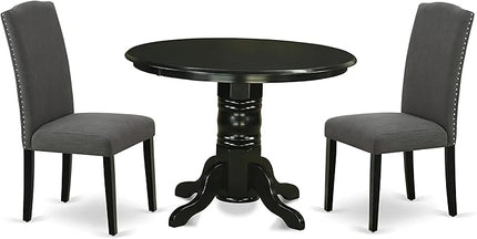 East West Furniture SHEN3-BLK-20 3 Piece Room Set Contains a Round Kitchen Dining Table with Pedestal and 2 Dark Gotham Linen Fabric Upholstered Chairs, 42x42 Inch - LeafyLoom