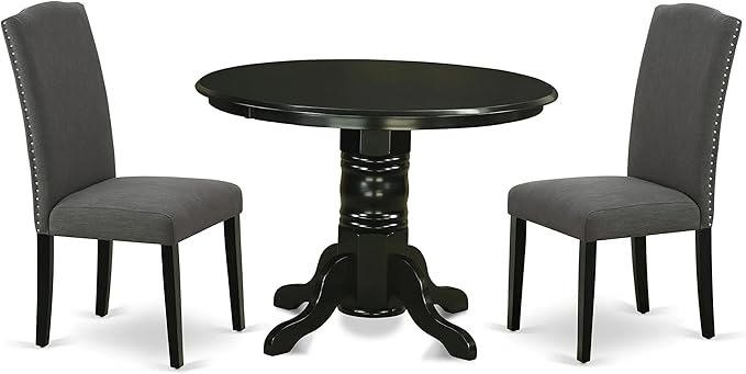 East West Furniture SHEN3-BLK-20 3 Piece Room Set Contains a Round Kitchen Dining Table with Pedestal and 2 Dark Gotham Linen Fabric Upholstered Chairs, 42x42 Inch - LeafyLoom
