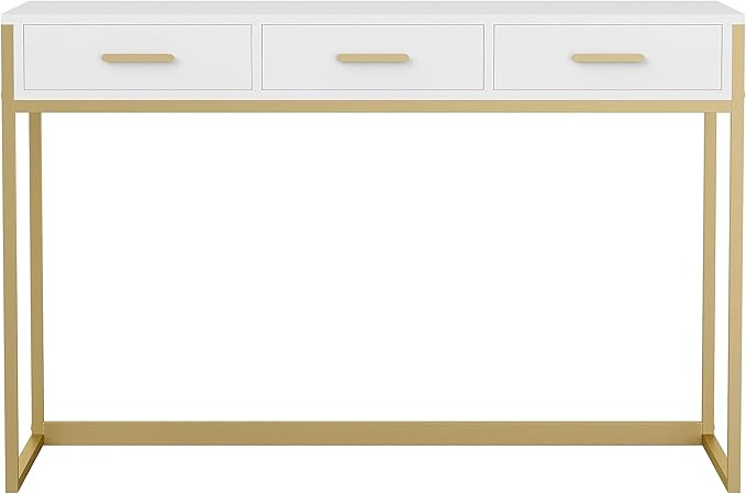 Martha Stewart Ollie Home Office Desk with 3 Drawers in White with Polished Brass Hardware - LeafyLoom