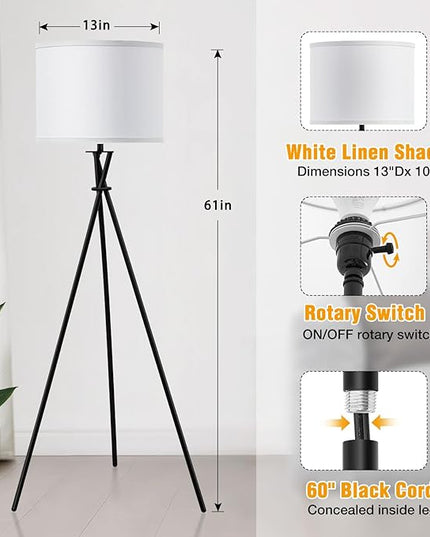 Modern Floor Lamps, 61" Tripod Floor Lamp, Mid Century Lamp with Simple Design, Lamps for Living Room, Bedroom, Office,Tall Standing Lamp with Rocker Swtich, Black White- without Bulb - LeafyLoom