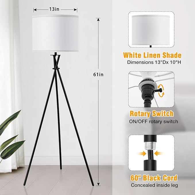 Modern Floor Lamps, 61" Tripod Floor Lamp, Mid Century Lamp with Simple Design, Lamps for Living Room, Bedroom, Office,Tall Standing Lamp with Rocker Swtich, Black White- without Bulb - LeafyLoom