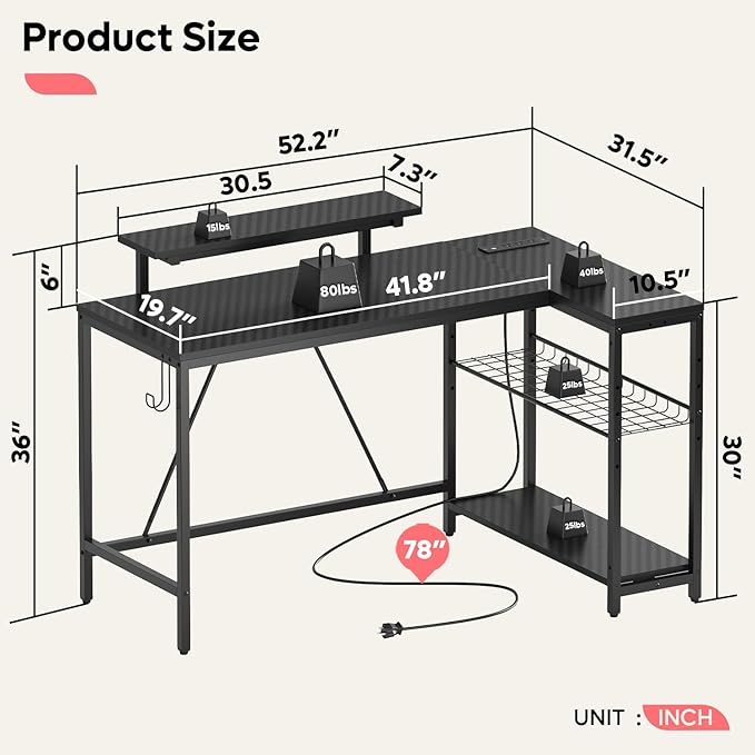 Bestier 52 Led Gaming Desk with Power Outlet & USB Ports,Small L Shaped Computer Desk with Headset Hooks,Corner Desk for Home Office Carbon Fiber Black - LeafyLoom