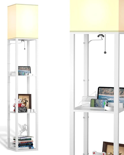 PAZZO Floor Lamp with Shelves, Shelf Floor Lamps by Real Solid Wood with 2 Charging Ports and 1 Power Outlet, Floor Lamps for Bedrooms, Lamps for Living Room,Bulb Included,White - LeafyLoom