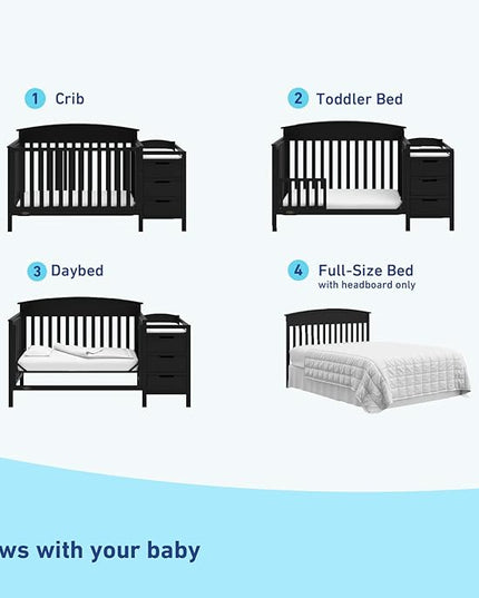 Graco Benton 4-in-1 Convertible Crib and Changer (Black) – GREENGUARD Gold Certified, Crib and Changing -Table Combo, Water-Resistant Changing Pad, Converts to Toddler Bed, Daybed & Full-Size Bed - LeafyLoom