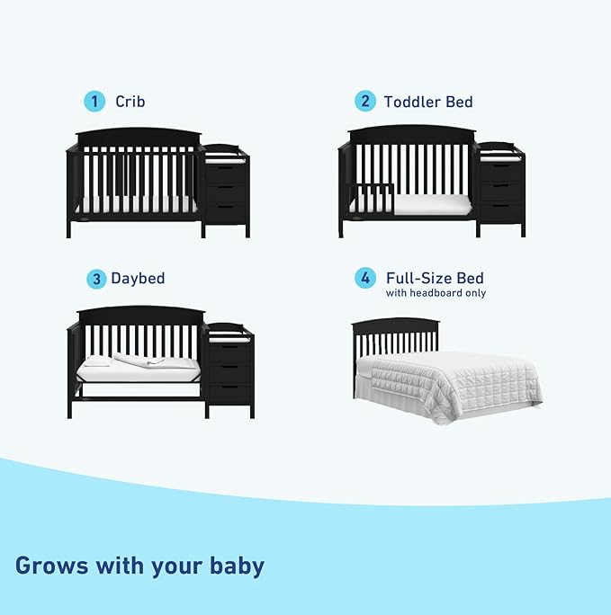 Graco Benton 4-in-1 Convertible Crib and Changer (Black) – GREENGUARD Gold Certified, Crib and Changing -Table Combo, Water-Resistant Changing Pad, Converts to Toddler Bed, Daybed & Full-Size Bed - LeafyLoom