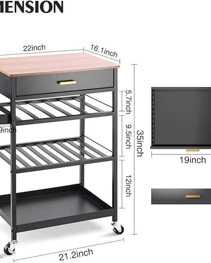 TOOLF Kitchen Island Cart with Drawer, Rolling Kitchen Service Cart with Wooden Tabletop, 3-Tier Storage Cart on Wheels, Storage Trolley Cart with Hooks for Kitchen, Dining Room - LeafyLoom