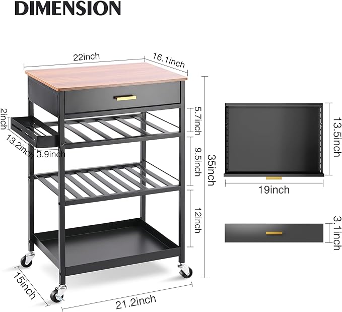 TOOLF Kitchen Island Cart with Drawer, Rolling Kitchen Service Cart with Wooden Tabletop, 3-Tier Storage Cart on Wheels, Storage Trolley Cart with Hooks for Kitchen, Dining Room - LeafyLoom