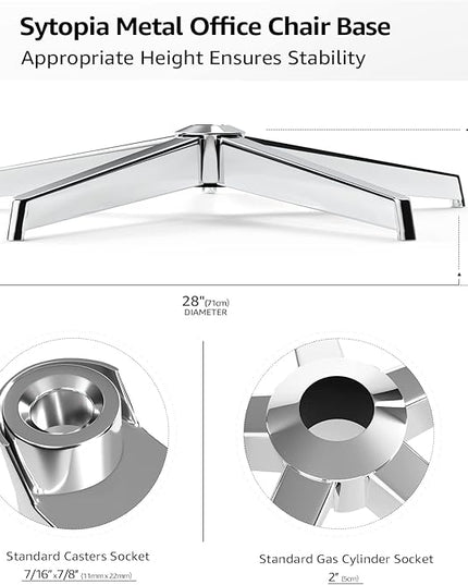 Office Chair Base, 28'' Desk Chair Base Replacement with Reinforced Metal Legs (2300Lbs), Chair Bottom Part for Most Chairs, Universal Gas Cylinder and Caster Sockets, Sliver - LeafyLoom