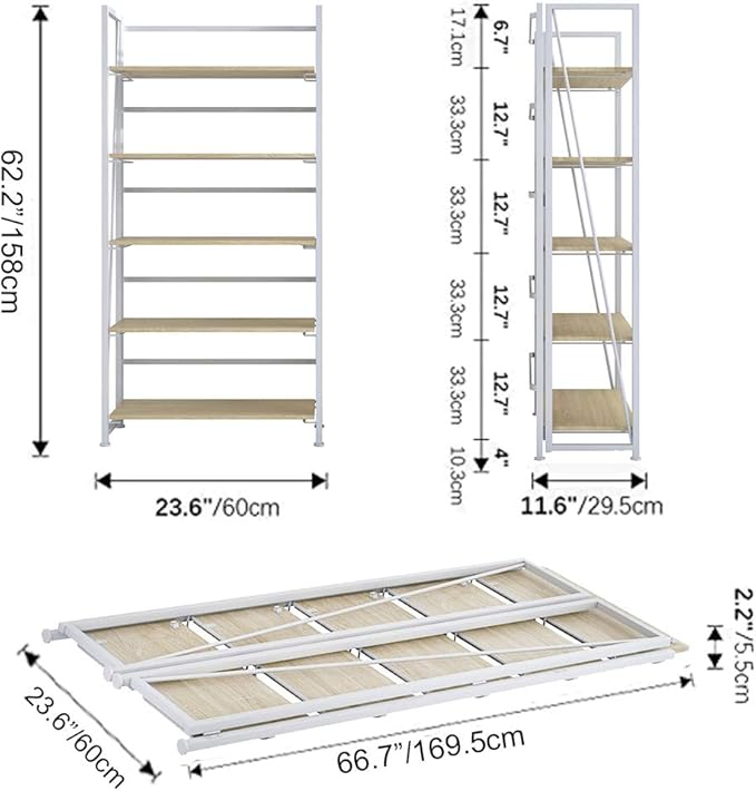 No-Assembly Folding Bookshelf Storage Shelves 5 Tiers Vintage Multifunctional Plant Flower Stand Storage Rack Shelves Bookcase for Home Office(White) - LeafyLoom