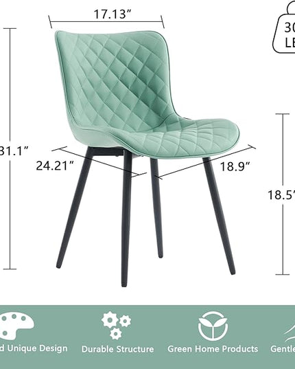 YOUTASTE Light Green Dining Chairs Set of 2 Mid Century Modern PU Leather Diamond Upholstered Accent Guest Dinner Chair with Back Metal Legs for Kitchen Living Reception Waiting Room - LeafyLoom
