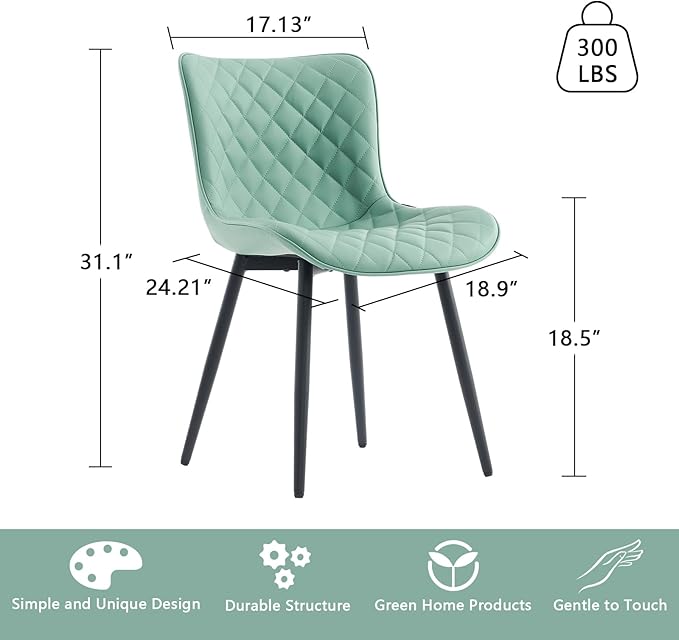 YOUTASTE Light Green Dining Chairs Set of 2 Mid Century Modern PU Leather Diamond Upholstered Accent Guest Dinner Chair with Back Metal Legs for Kitchen Living Reception Waiting Room - LeafyLoom