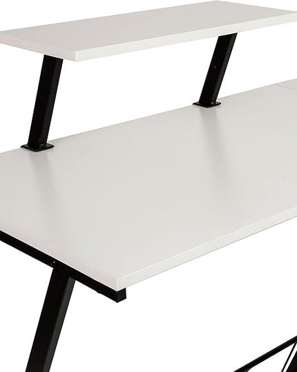 Flash Furniture Ginny Corner Desk - White/Black Space Saving L-Shaped Gaming Desk with Monitor Shelf - 71.5" 2-Tier Computer Desk, Home Office Desk, Easy Assembly - LeafyLoom