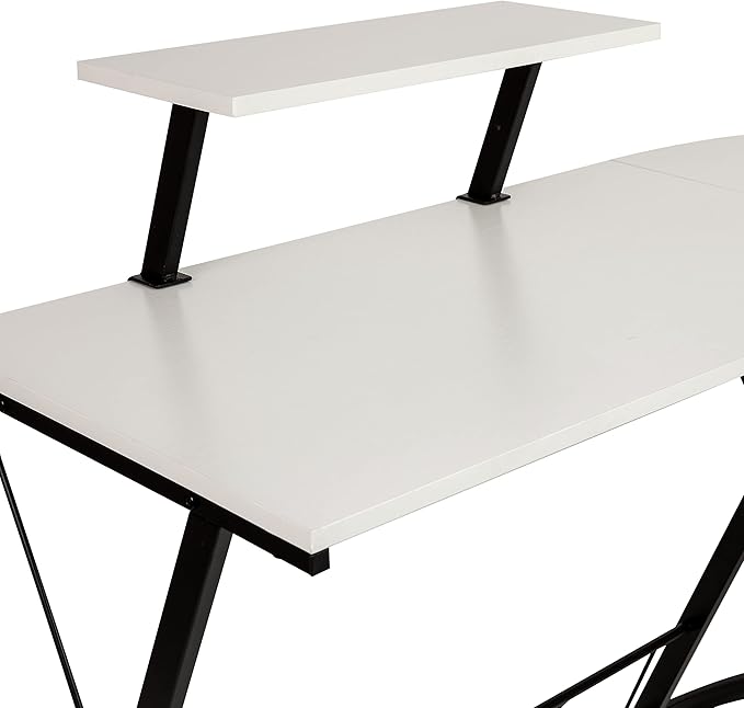 Flash Furniture Ginny Corner Desk - White/Black Space Saving L-Shaped Gaming Desk with Monitor Shelf - 71.5" 2-Tier Computer Desk, Home Office Desk, Easy Assembly - LeafyLoom