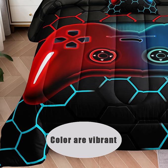 6 Pieces Bed in a Bag for Boys Bedding Sets Full Size,Gamer Comforter Sets for Boys Kids, Gaming Comforter Set for Boys Room Decor with Flat Sheet,Fitted Sheet,Pillowcase,Cushion Cover - LeafyLoom