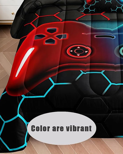 6 Pieces Bed in a Bag for Boys Bedding Sets Queen Size,Gamer Comforter Sets for Boys Kids, Gaming Comforter Set for Boys Room Decor with Flat Sheet,Fitted Sheet,Pillowcase,Cushion Cover - LeafyLoom