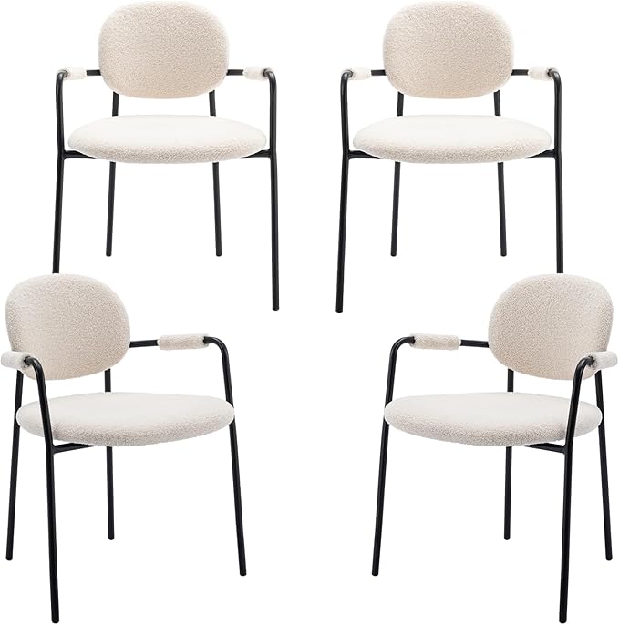 COLAMY Dining Chairs Set of 4, Boucle Dining Chairs with Arms, Comfy Small Sherpa Dining Armchairs with Back for Kitchen, Dining Room, Restaurant, Cream - LeafyLoom