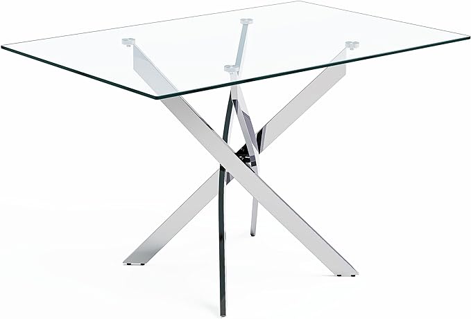 Tempered Glass Dining Table with Chromed Legs,47" Modern Rectangular Kitchen Table for Dining Room Kitchen,Sliver - LeafyLoom
