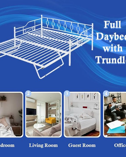 Full Daybed with Trundle, Metal Day Bed with Pull Out Trundle, Sofa Bed with Twin Size Portable Folding Trundle, Bed Frame for Bedroom, Living Room, Guest Room, Home, No Box Spring Needed, White - LeafyLoom