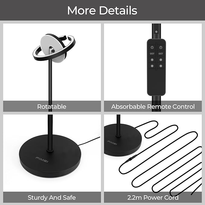 FIMEI Modern Floor Lamp, LED Bright Standing Lamp, Unique Rotatable Ring Design, Eye-Protecting Stepless Dimming, 3000K-6000K Color Temperatures, Touch/Remote Control, for Living Room Bedroom Office - LeafyLoom