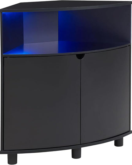 Berg Modern 31-inch 16 Colors LED Corner Cabinet with Doors and 2 Shelves, USB Charge Cord, Small TV Stand for Living Room, Home Office, Black Pure - LeafyLoom