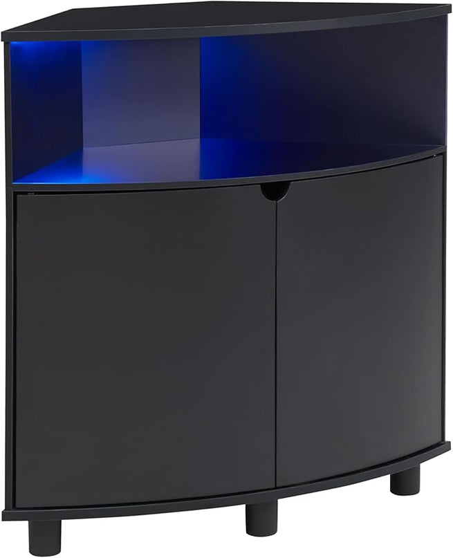 Berg Modern 31-inch 16 Colors LED Corner Cabinet with Doors and 2 Shelves, USB Charge Cord, Small TV Stand for Living Room, Home Office, Black Pure - LeafyLoom