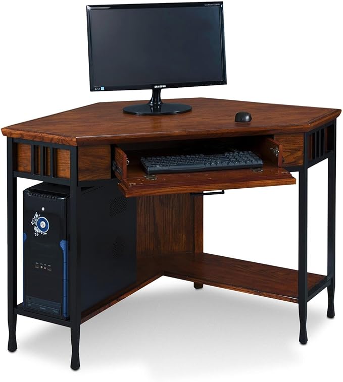 Leick Home 11230 Ironcraft Corner Writing/Computer Rustic Desk with Drawer and Shelf, Mission Oak and Black - LeafyLoom