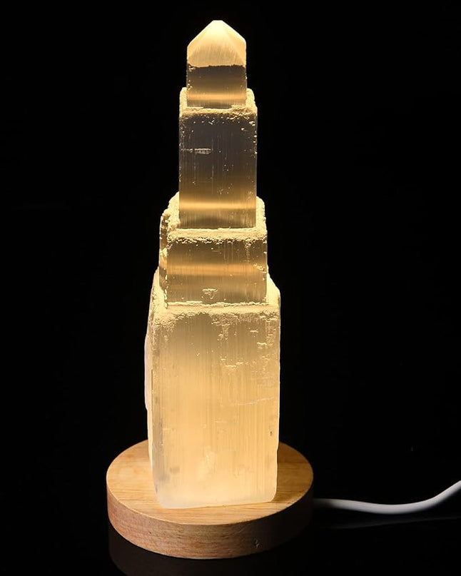 JIC Gem USB Selenite Tower Lamp Natural Selenite Skyscraper Healing Crystal Lamp 6 Inch with Wooden Light Stand Base - LeafyLoom