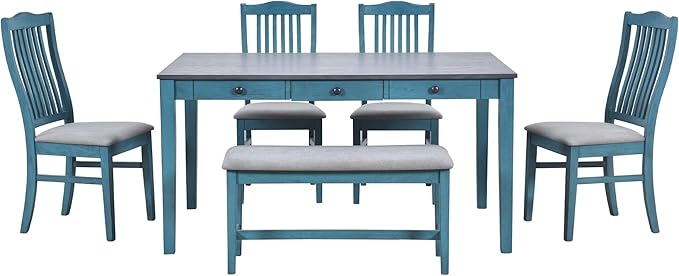 6-Piece Wood Dining Table Set with Drawer, 4 Upholstered Chairs and Bench, for Kitchen, Living Room, Mid-Century Style, Antique Blue, 59" L x 35.4" W x 30.3" H - LeafyLoom