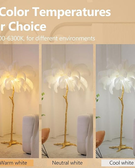 Ostrich Feather Floor Lamp Modern Ostrich Feather LED feather lamp floor Lamp Dimmable Standing feather floor lamp for Living Room Bedroom（White） - LeafyLoom