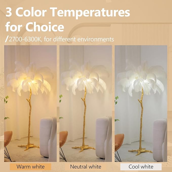 Ostrich Feather Floor Lamp Modern Ostrich Feather LED feather lamp floor Lamp Dimmable Standing feather floor lamp for Living Room Bedroom（White） - LeafyLoom
