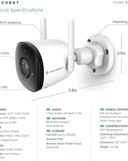 Amcrest SmartHome 4MP Outdoor WiFi Camera Bullet 4MP Outdoor Security Camera, 98ft Night Vision, Built-in Mic, 106° FOV, 2.8mm Lens, MicroSD Storage (Sold Separately), ASH43-W (White) Amcrest