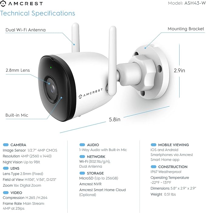 Amcrest SmartHome 4MP Outdoor WiFi Camera Bullet 4MP Outdoor Security Camera, 98ft Night Vision, Built-in Mic, 106° FOV, 2.8mm Lens, MicroSD Storage (Sold Separately), ASH43-W (White) Amcrest