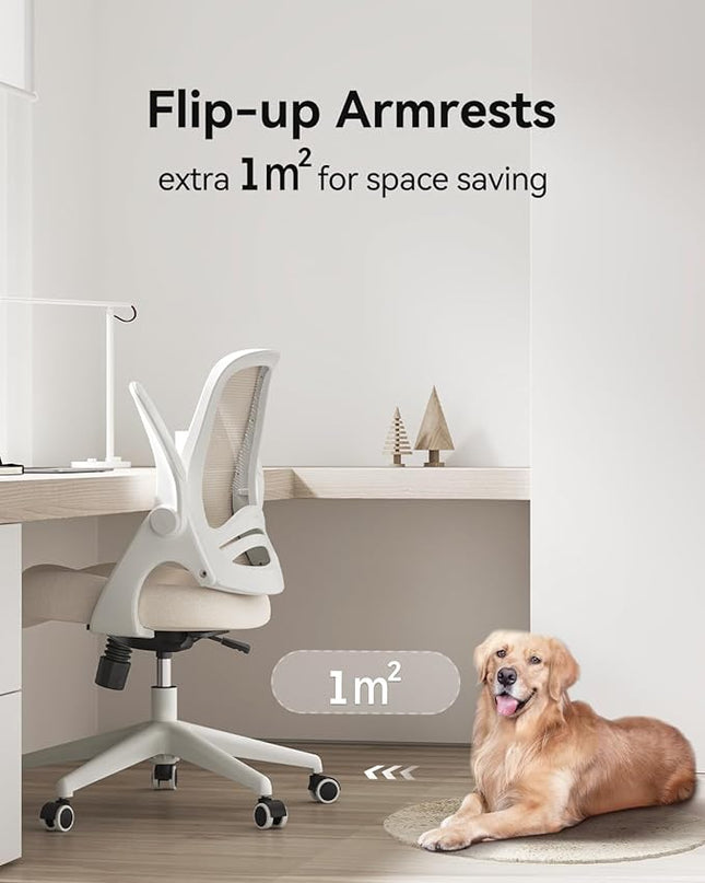 Hbada Office Chair, Desk Chair with Flip-Up Armrests and Saddle Cushion, Ergonomic Office Chair with S-Shaped Backrest, Swivel, Mesh, for Home and Office, Beige - LeafyLoom