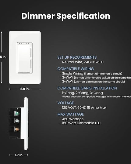 Feit Electric Smart Dimmer Switch, Neutral Wire Required for Installation, Compatible with Amazon Alexa and Google Assistant, Smart Dimmer Light Switch, White, Model:DIM/WiFi FeitElectricCompany