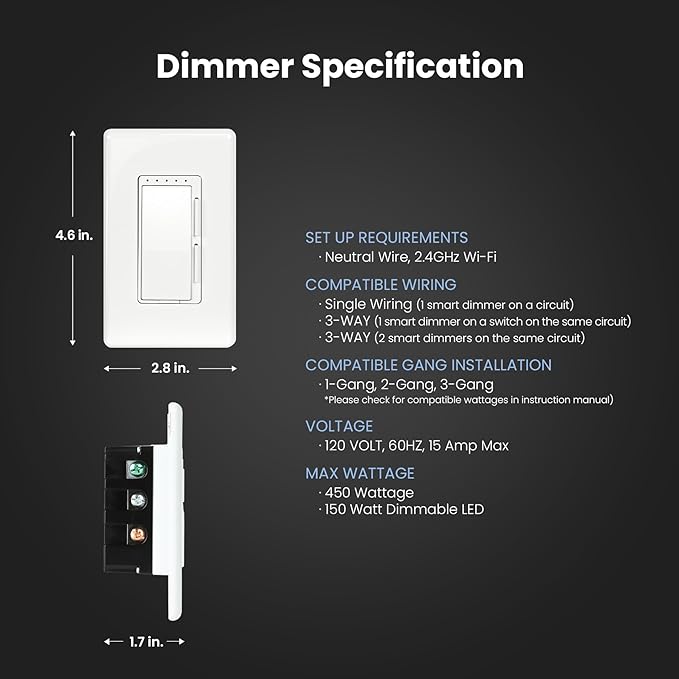 Feit Electric Smart Dimmer Switch, Neutral Wire Required for Installation, Compatible with Amazon Alexa and Google Assistant, Smart Dimmer Light Switch, White, Model:DIM/WiFi FeitElectricCompany