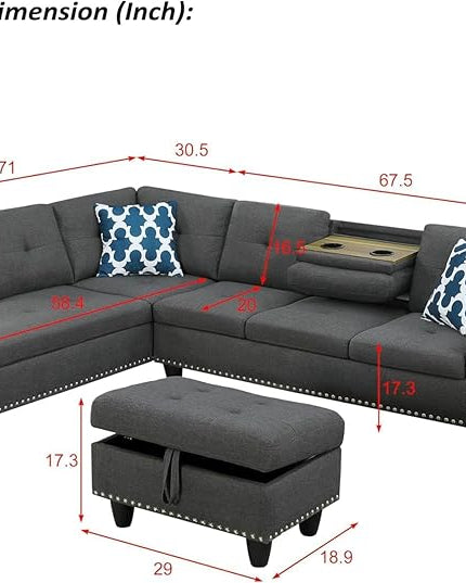 98" L-Shaped Sectional Couch with Storage Ottoman and Left Facing Chaise,Linen Upholstered Sofa with 2 Cup Holders and 2 Throw Pillows for Living Room,Dark Grey - LeafyLoom